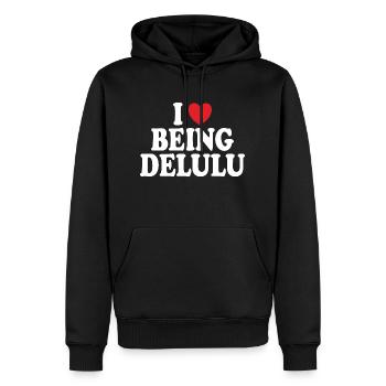"I love being delulu" // trending designs - Männer Premium Bio Hoodie - Schwarz - Vorne - Nico (187cm)