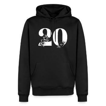 Numéro 20 floral noir -20e anniversaire floral - Sweat à capuche Premium bio Homme - noir - Devant - Nico (187cm)
