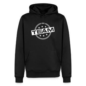 Team - Männer Premium Bio Hoodie - Schwarz - Vorne - Nico (187cm)
