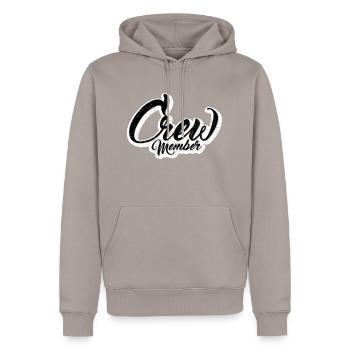Crew Member | Typography Logo - Men’s Premium Organic Hoodie - taupe - Front - Nico (187cm)