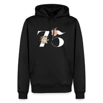 75e anniversaire fleuris (Cadeau de 75 ans) - Sweat à capuche Premium bio Homme - noir - Devant - Nico (187cm)