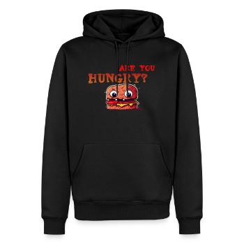 Lustige Grafik „Brötchen/Burger Hast du Hunger?“ - Männer Premium Bio Hoodie - Schwarz - Vorne - Nico (187cm)