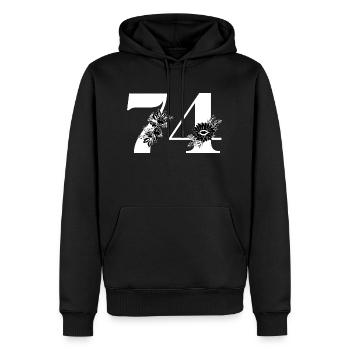 Numéro 74 floral noir - 74e anniversaire floral - Sweat à capuche Premium bio Homme - noir - Devant - Nico (187cm)