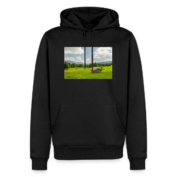 Prairie de montagne avec cabane face aux Alpes - Sweat à capuche Premium bio Homme - noir - Devant - Nico (187cm)