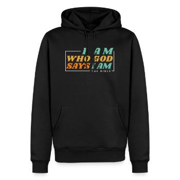 Ich bin, von dem Gott sagt, dass ich bin - Christliche Kleidung - Männer Premium Bio Hoodie - Schwarz - Vorne - Nico (187cm)