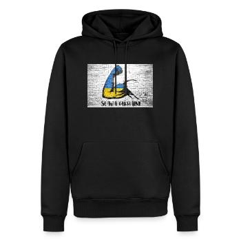 Slava Ukraini Schriftzug Motto Ukraine Muskeln spielen - Männer Premium Bio Hoodie - Schwarz - Vorne - Nico (187cm)
