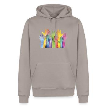 Alle Hände. Regenbogen. Inklusive. LGBTI - Männer Premium Bio Hoodie - Taupe - Vorne - Nico (187cm)