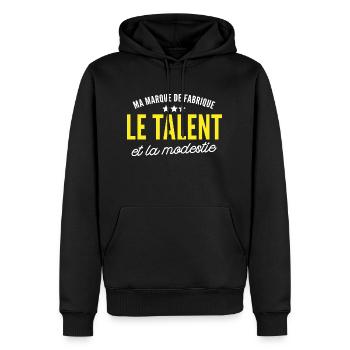 talent et modestie / citation humour - Sweat à capuche Premium bio Homme - noir - Devant - Nico (187cm)