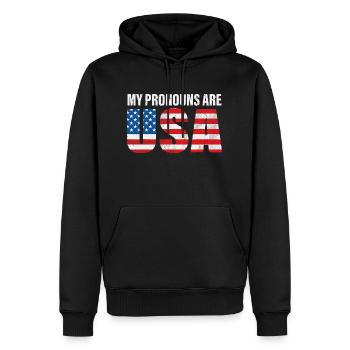 Herren Juli 4th Lustig Meine Pronomen sind USA - Männer Premium Bio Hoodie - Schwarz - Vorne - Nico (187cm)