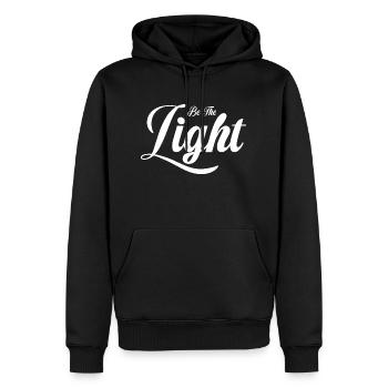 Sei das Licht | Weiße Typografie reinigen - Männer Premium Bio Hoodie - Schwarz - Vorne - Nico (187cm)