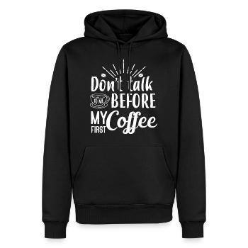 Sprich erst nach meinem ersten Kaffee mit mir. - Männer Premium Bio Hoodie - Schwarz - Vorne - Nico (187cm)