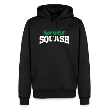 Monsieur squash Cadeau humour personnalisé - Sweat à capuche Premium bio Homme - noir - Devant - Nico (187cm)