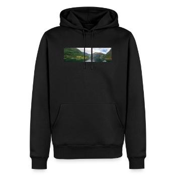 Geiranger Fjorde in der Nähe der Stadt Geiranger vom Hafen - Männer Premium Bio Hoodie - Schwarz - Vorne - Nico (187cm)