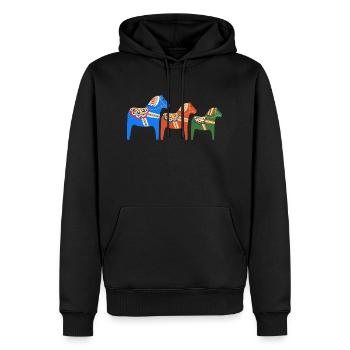 3 Dala-Pferde hintereinander in Orange, Blau und Grün - Männer Premium Bio Hoodie - Schwarz - Vorne - Nico (187cm)