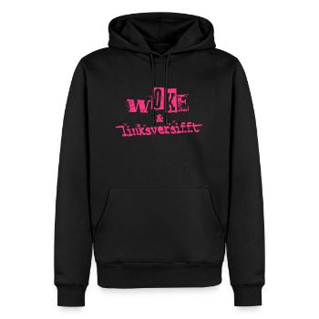 Selbstironie: WOKE & linksversifft - Männer Premium Bio Hoodie - Schwarz - Vorne - Nico (187cm)