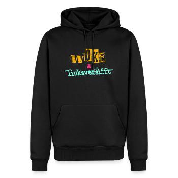 Selbstironie: WOKE & linksversifft - Männer Premium Bio Hoodie - Schwarz - Vorne - Nico (187cm)