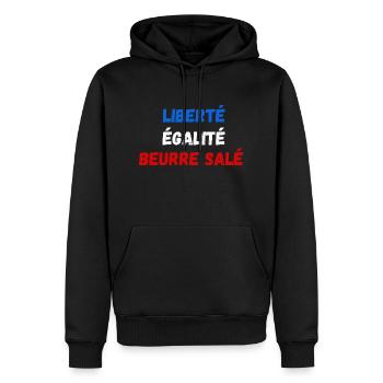 Liberté égalité beurre salé - Sweat à capuche Premium bio Homme - noir - Devant - Nico (187cm)