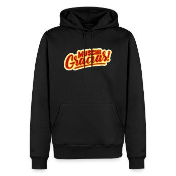 MALLE SPRUCH, MUSCHI GRACIAS! - Männer Premium Bio Hoodie - Schwarz - Vorne - Nico (187cm)
