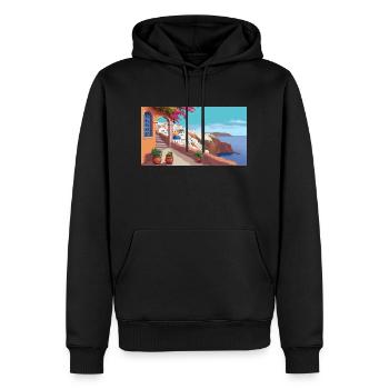 Oia, Santorin, Grèce - Pixel Art - Sweat à capuche Premium bio Homme - noir - Devant - Nico (187cm)