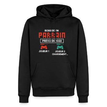 Annonce Grossesse Demande Parrain Originale Geek - Sweat à capuche Premium bio Homme - noir - Devant - Nico (187cm)