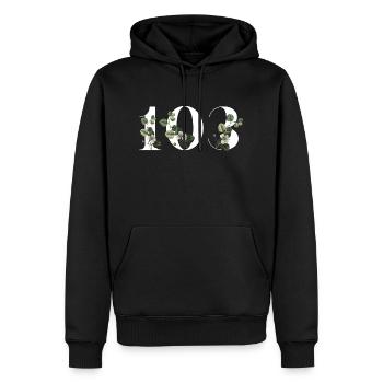 Numéro 103 floral vert - 103e anniversaire floral - Sweat à capuche Premium bio Homme - noir - Devant - Nico (187cm)