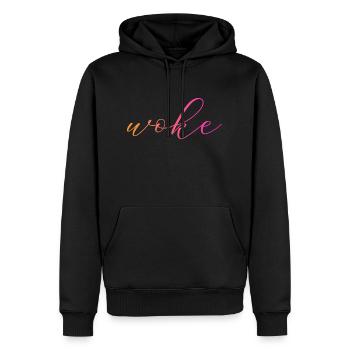 Selbstironischer Spruch: WOKE - Männer Premium Bio Hoodie - Schwarz - Vorne - Nico (187cm)