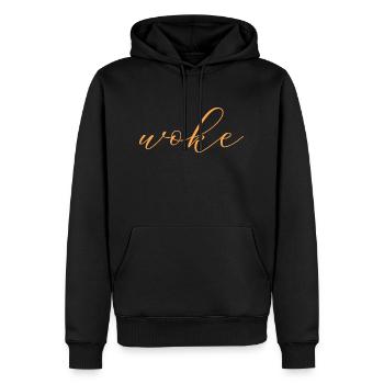 Selbstironischer Spruch: WOKE - Männer Premium Bio Hoodie - Schwarz - Vorne - Nico (187cm)