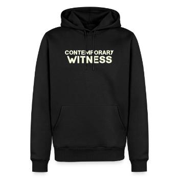 Contemporary witness text in beige - Men’s Premium Organic Hoodie - black - Front - Nico (187cm)