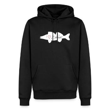 J’aime le sandre blanc - Sweat à capuche Premium bio Homme - noir - Devant - Nico (187cm)
