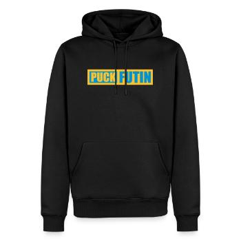 puck futin Logo Design - Männer Premium Bio Hoodie - Schwarz - Vorne - Nico (187cm)