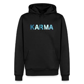 Karma Retro Schriftzug - Männer Premium Bio Hoodie - Schwarz - Vorne - Nico (187cm)