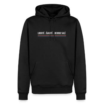 Liberté égalité beurre salé - Sweat à capuche Premium bio Homme - noir - Devant - Nico (187cm)