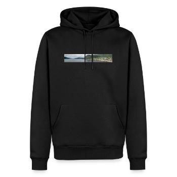 Nordfjordeid Panoramablick vom Hafen Norwegens - Männer Premium Bio Hoodie - Schwarz - Vorne - Nico (187cm)