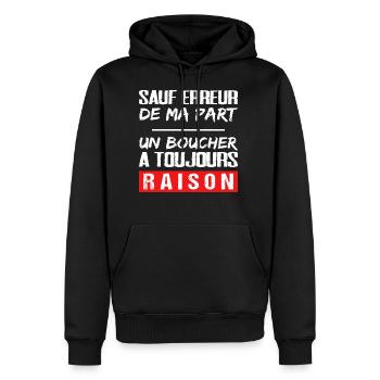 Boucher cadeau drôle humour boucherie charcutier - Sweat à capuche Premium bio Homme - noir - Devant - Nico (187cm)
