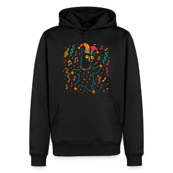 Tanzendes Karneval Alpaka mit Narrenkappe  - Männer Premium Bio Hoodie - Schwarz - Vorne - Nico (187cm)