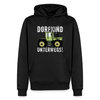 Dorfkind unterwegs - Unimog - MB Trac - Oldtimer - Männer Premium Bio Hoodie - Schwarz - Vorne - Nico (187cm)