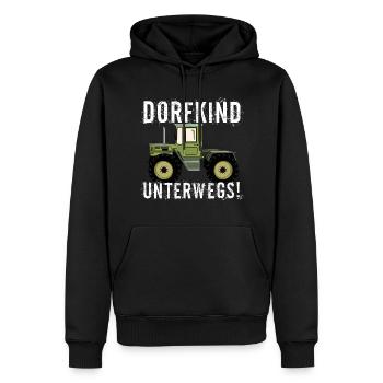 Dorfkind unterwegs - Unimog - MB Trac - Oldtimer - Männer Premium Bio Hoodie - Schwarz - Vorne - Nico (187cm)