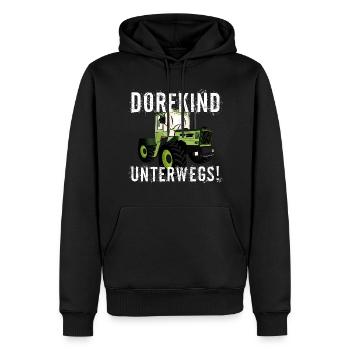 Dorfkind unterwegs - Unimog - MB Trac - Oldtimer - Männer Premium Bio Hoodie - Schwarz - Vorne - Nico (187cm)