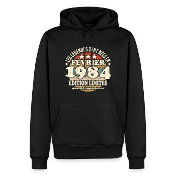 Les légendes sont nées en février 1984 - Sweat à capuche Premium bio Homme - noir - Devant - Nico (187cm)