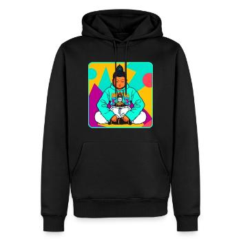 Moderner bunter Buddha in Yoga Posse mit Hoodie - Männer Premium Bio Hoodie - Schwarz - Vorne - Nico (187cm)