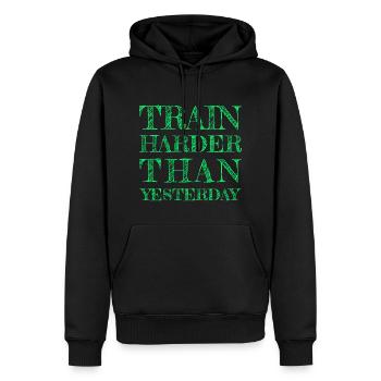 TRAIN HARDER THAN YESTERDAY - FITNESS - TRAINING - Männer Premium Bio Hoodie - Schwarz - Vorne - Nico (187cm)