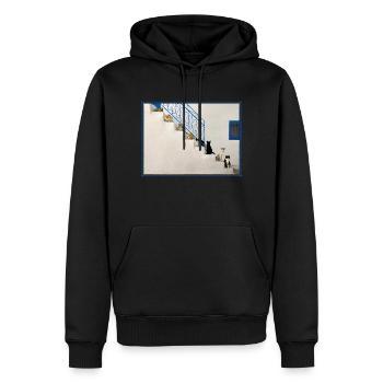 Beaucoup de chats sur des escaliers blancs en Grèce - Sweat à capuche Premium bio Homme - noir - Devant - Nico (187cm)