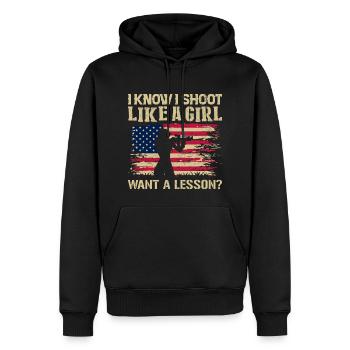I Know I Shoot Like A Girl Want A Lesson - Sweat à capuche Premium bio Homme - noir - Devant - Nico (187cm)