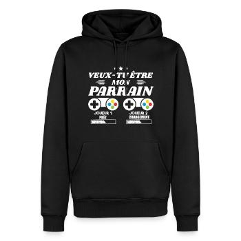 Veux-tu être mon parrain, Demande parrain gamer - Sweat à capuche Premium bio Homme - noir - Devant - Nico (187cm)