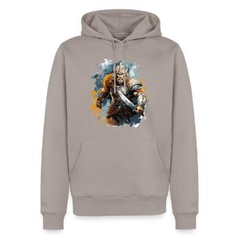 Ein Wikingerkrieger mit seinem Schwert - Männer Premium Bio Hoodie - Taupe - Vorne - Nico (187cm)