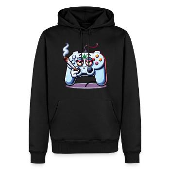 Ein Gamepad, das einen Cannabis-Joint raucht - Männer Premium Bio Hoodie - Schwarz - Vorne - Nico (187cm)