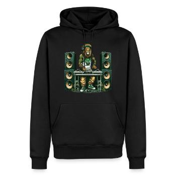 Ein Rasta-Löwen-DJ-Mixing, umgeben von Lautsprechern - Männer Premium Bio Hoodie - Schwarz - Vorne - Nico (187cm)