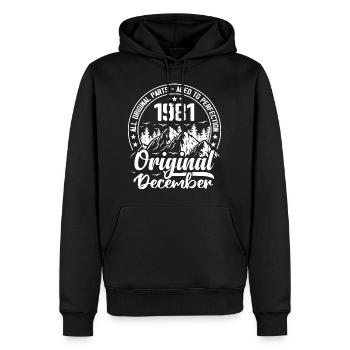 Dezember 1981 Original 43 Jahre altes Geburtstagsgeschenk - Männer Premium Bio Hoodie - Schwarz - Vorne - Nico (187cm)