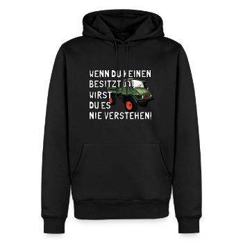 Unimog - Oldtimer - Offroad - Universal Motorgerät - Männer Premium Bio Hoodie - Schwarz - Vorne - Nico (187cm)