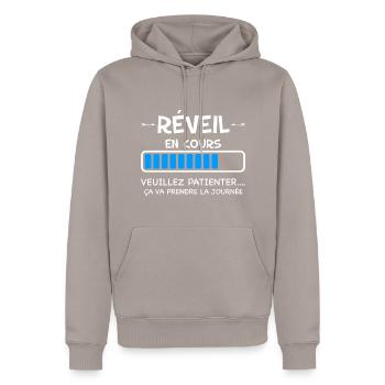 réveil matin - Sweat à capuche Premium bio Homme - taupe - Devant - Nico (187cm)